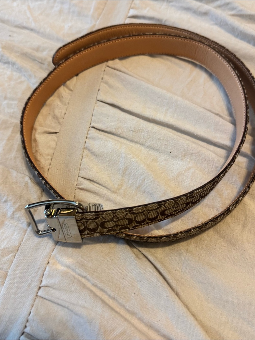 Coach Signature Brown and Tan Reversible Logo Belt with Silver Buckle